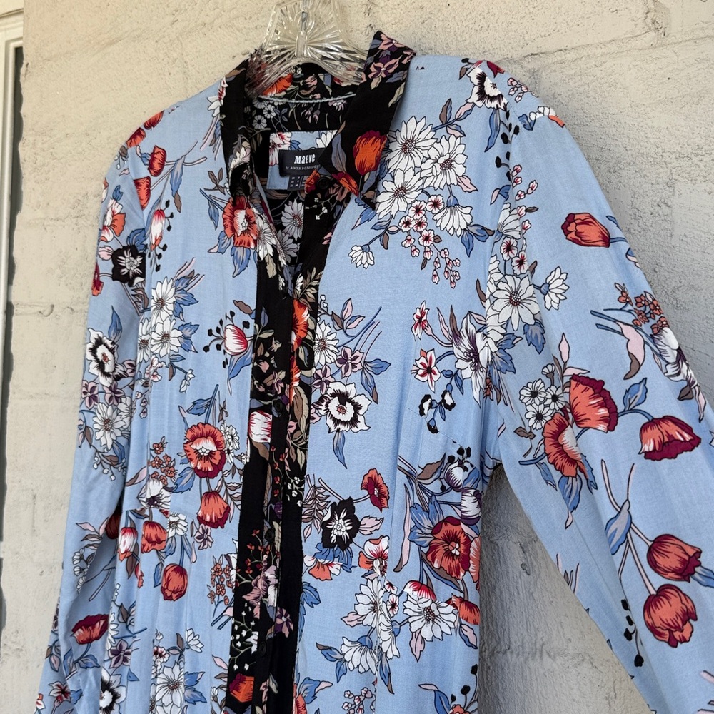 Anthropologie Maeve Leyster Blue Floral Shirt Dress Size 4 - Picture 6 of 9